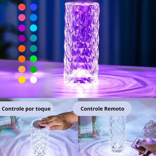 16 Cores: Lâmpada de Mesa Cristal Diamante com Reflexos de Rosa